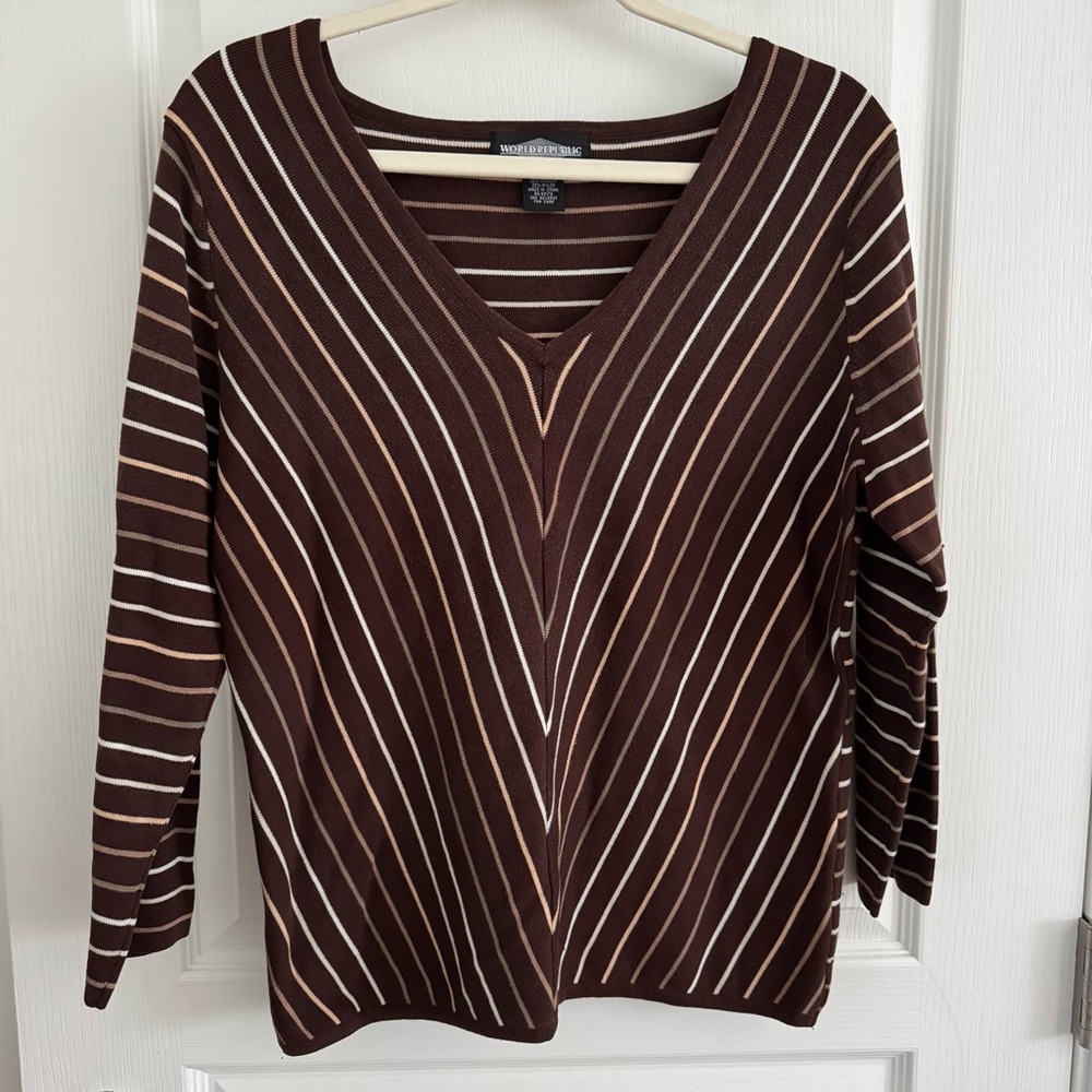 World Republic Soft Brown Striped V-Neck Sweater